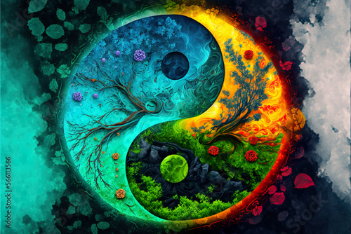 Nature's harmony in color: yin-yang plant life Generative AI