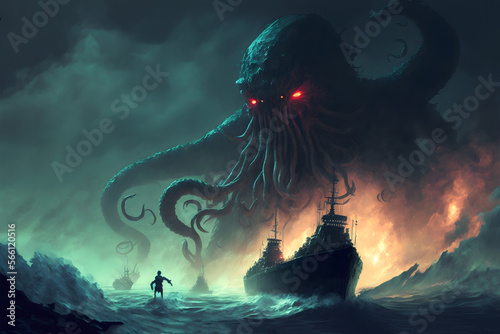 Dark fantasy scene showing Cthulhu the giant sea monster destroying ships, digital art style, illustration painting