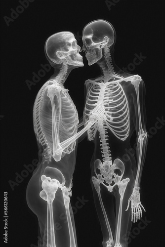An X-Ray photograph of a couple of skeletons embracing and kissing, captured by Anna FA¼ssli. The image is a fine-art piece that portrays the lovers. AI Generative