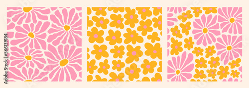 Groovy abstract flower art seamless patterns. Organic floral doodle shapes in trendy naive retro hippie 60s 70s style. Matisse curves aestethic. Botanic vector background in pink, yellow colors.