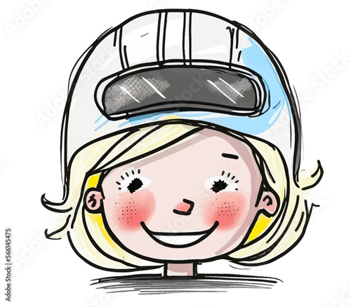 An adorable and funny little girl wearing a racing driver's helmet. Brightly colored vector illustration, perfect for decorating and bringing a smile.
