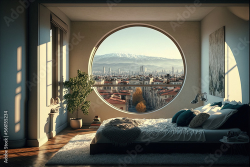 Modern bedroom with a view. Sofia, Bulgaria. Generative AI