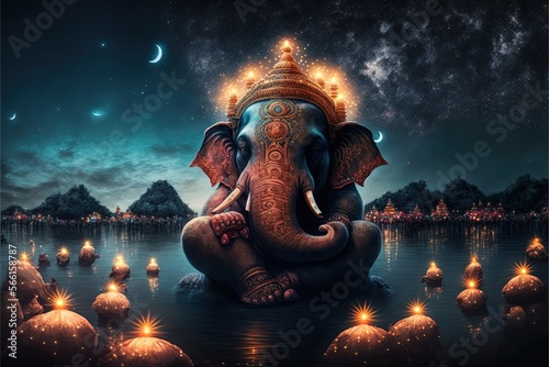 There are many galactic stars in the night sky of a huge massive GANESHA statue, with red lanterns rising in the sky, crowds watching the lantern festival. Generative AI Ganesha Festival.
