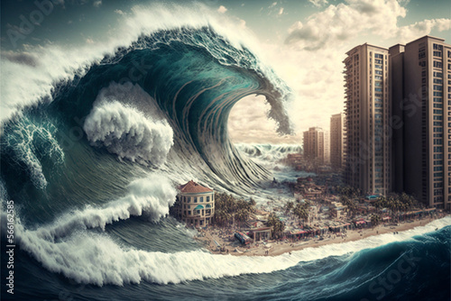 big tsunami goes on city