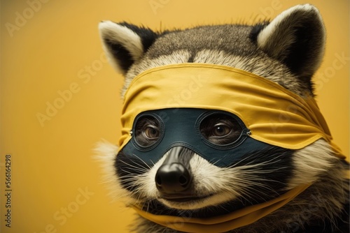 Humorous raccoon with a band, masked raccoon on yellow background. Generative AI
