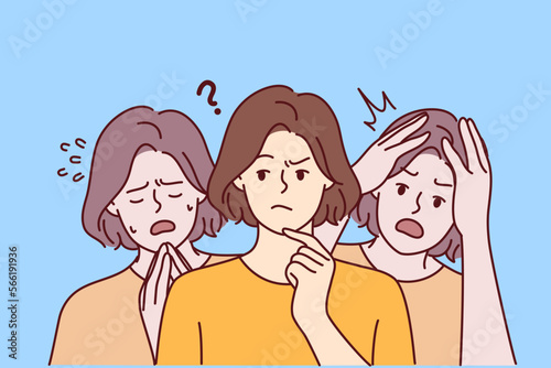 Young thoughtful woman near girls experiencing shock after psychological upheavals. Lady in casual t-shirt touches chin trying to hide fear and depression. Flat vector illustration
