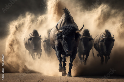 buffaloes running with dust. stampede concept. generative ai