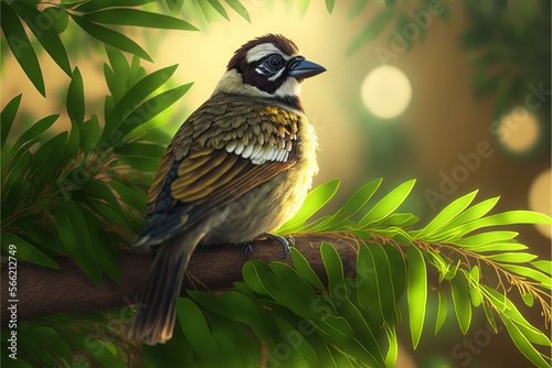 A Beautiful adorable sparrow in nature, illustration Sparrow on tree in jungle. Generative Ai