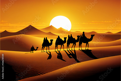 Camel caravan goes through the desert at sunset. AI generated.