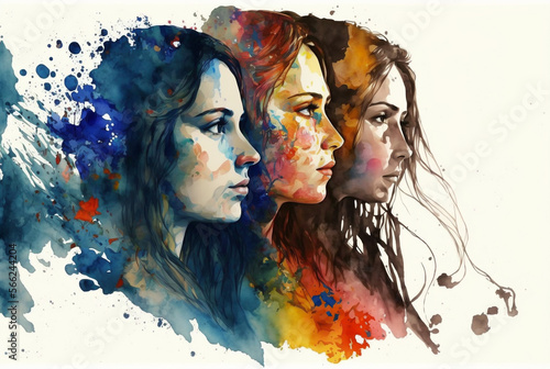 Kobiety namalowane farbami akwarelowymi, ilustracja, Dzień Kobiet, generative ai