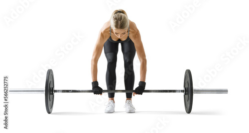 Fitness woman lifting weights. Female Bodybuilder squats with a barbell, prepare. 