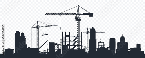 Black silhouette of a construction site isolated on transparent background. Construction cranes over buildings. City development. Urban skyline. Element for your design. Vector illustration.