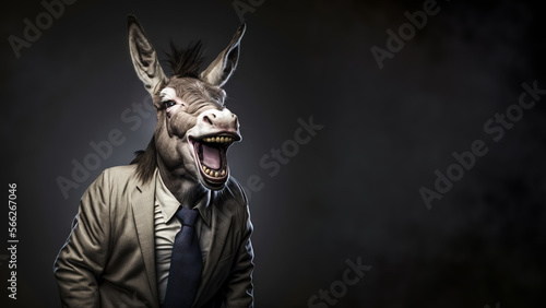 Donkey Laughing dressed in a business man's suit. Full mouth open showing teeth laughing loud and hard with hands in his pockets expressing himself and laughing at others. Generative ai