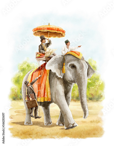 Watercolor fantasy people in vintage clothes ride an elephant around the world in the 19th century in India isolated on white background. Hand drawn illustration sketch