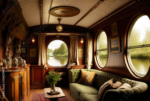A luxurious lounge on board a barge - generative ai