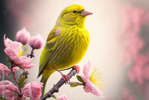 Bird Canary on Spring beautiful landscape background. Generated AI