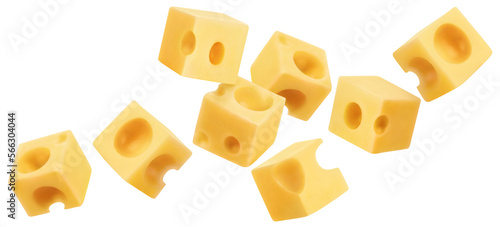 Flying cubic pieces of delicious cheese cut out