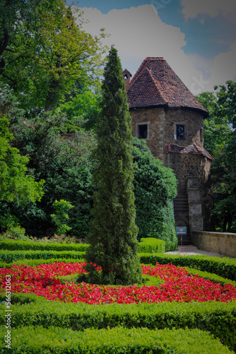 kompozycja z kwiatów czerwonych, architektura krajobrazu