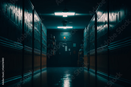 scary school hallway, broken open lockers