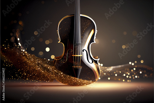 Beautiful cello isolated on a dark and gold background, with glitters and lights. For your advertisement and banners, classic music poster. AI generated.