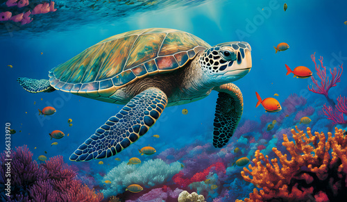 sea turtle swimming in the sea, ocean background, illustration generativ ai 