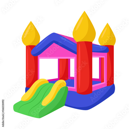 Cartoon inflatable bouncy castle for kids. Vector drawing of inflated bouncy trampoline with slide. Childhood concept