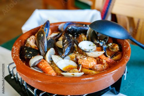 Traditional Spanish seafood zarzuela - stewed fish fillets, sea molluscs and crustaceans in thick sauce