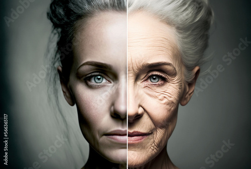 a comparison of a fictional person, comparison between old and young, close up of the face, adult woman and old woman. Generative AI