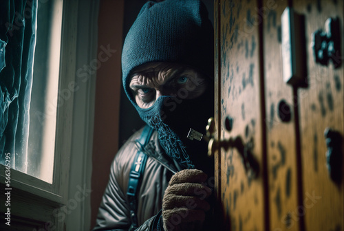 a burglar breaks in, the hooded man wears a balaclava as a mask and cannot be identified, quiet entry through a broken door