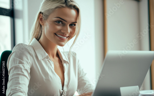 adult blonde woman with a smile has fun working on a laptop computer, sitting in an office on a white desk chair at a deska