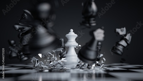 3d render, chess game battle. Queen's Gambit. White chess piece aggressive attack. Successful strategy, checkmate concept