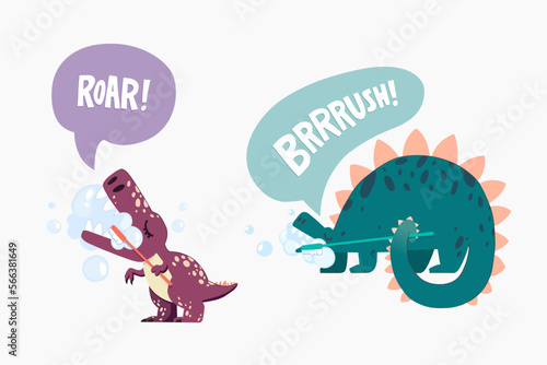 Two different dinosaurs enjoying brushing their teeth with quotes “Roar!” and “Brush!”. Isolated cartoon style vector illustration. 