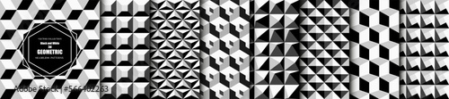 Collection of black and white seamless geometric patterns. Repeatable monochrome backgrounds. Decorative endless 3d textures