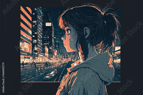 Cute Anime woman looking at the cityscape by night time. A sad, moody. Manga, lofi style. AI