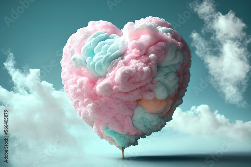 Rosa, türkises Zuckerwatte Herz vor Wolken mit generativer KI Technologie