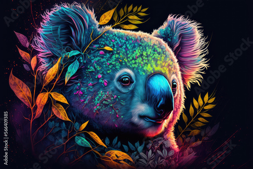 Portrait of koala psychedelic art style