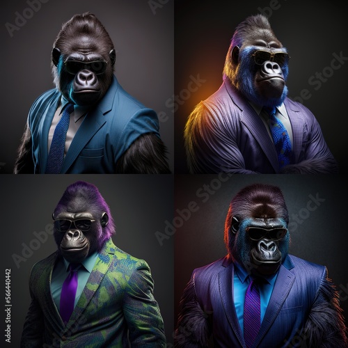 Illustration of gorilla photography in a suit as mascot fun human-like character generative ai