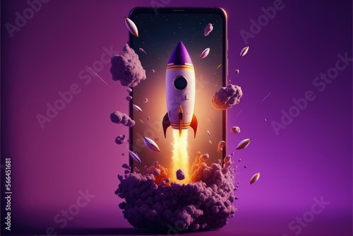 Rocket flying from mobile phone screen on purple background, startup concept, Generative AI
