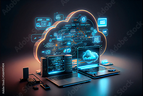 Cloud technology, computing. Devices connected to digital storage in the data center via the Internet, IOT, Smart Home Communication laptop, tablet, phone home devices with an online. Generative AI