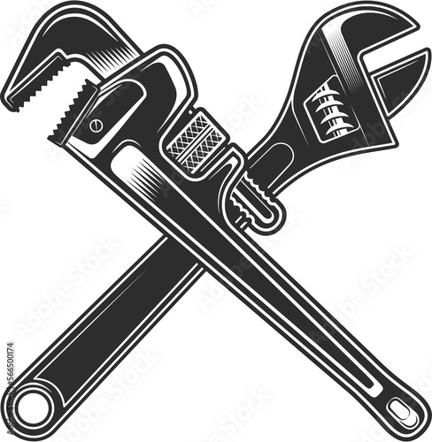 Vintage crossed body shop mechanic spanner repair tool or construction wrench for gas and builder plumbing pipe in monochrome style illustration