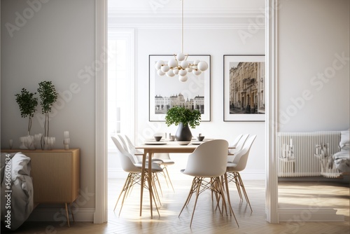 Dining Room Interior Design Classic Contemporary Series: Crisp white walls with light oak flooring, understated furnishings, and simple elegant décor. Generative AI 