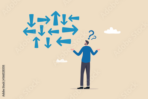 Confusion, frustration or decision making, mess, dilemma or complicated problem, lack of understanding, uncertain concept, confused frustrated businessman look at direction arrows with question marks.