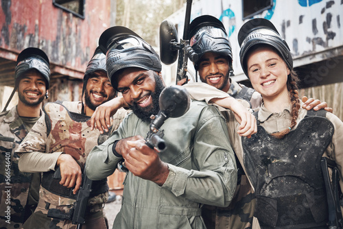 Portrait, diversity and military group with paintball gun for training, fun or extreme sports, happy and excited. Army, people and sport team smile, bond and ready for target practice, game or cardio