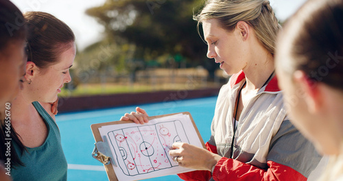 Planning, team and coach with a strategy for hockey, training plan and education on a game. Learning, coaching and woman teaching an idea for a sport competition on paper to girls on a court