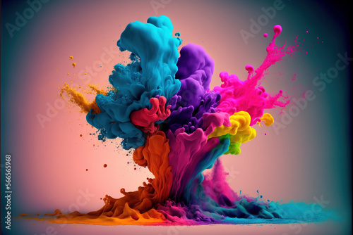 Happy Holi colorful background. Festival of colors, colorful rainbow holi paint color powder explosion isolated white wide panorama background.