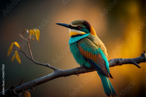 A bee-eater bird sits calmly on a tree branch in the forest at sunrise, close-up photography - Generative Ai