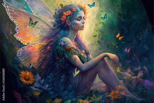  a painting of a fairy sitting on the ground surrounded by flowers and butterflies, with a butterfly in her hair and a butterfly in her hand. generative ai