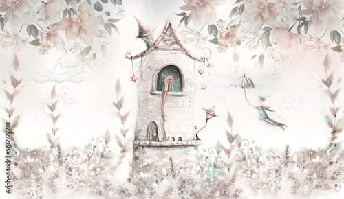 Princess in the tower with floral background. Wallpaper for kids. Mural, art backgronud. 