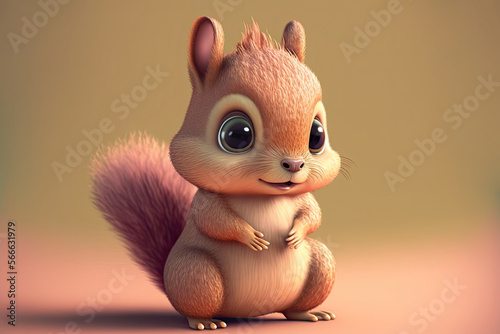 Cute 3D squirrel character over pastel background made with Generative AI.