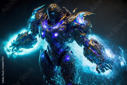 Aerial shot, Dynamic Giant Warrior in Armor style Pacific Rim. generative ai